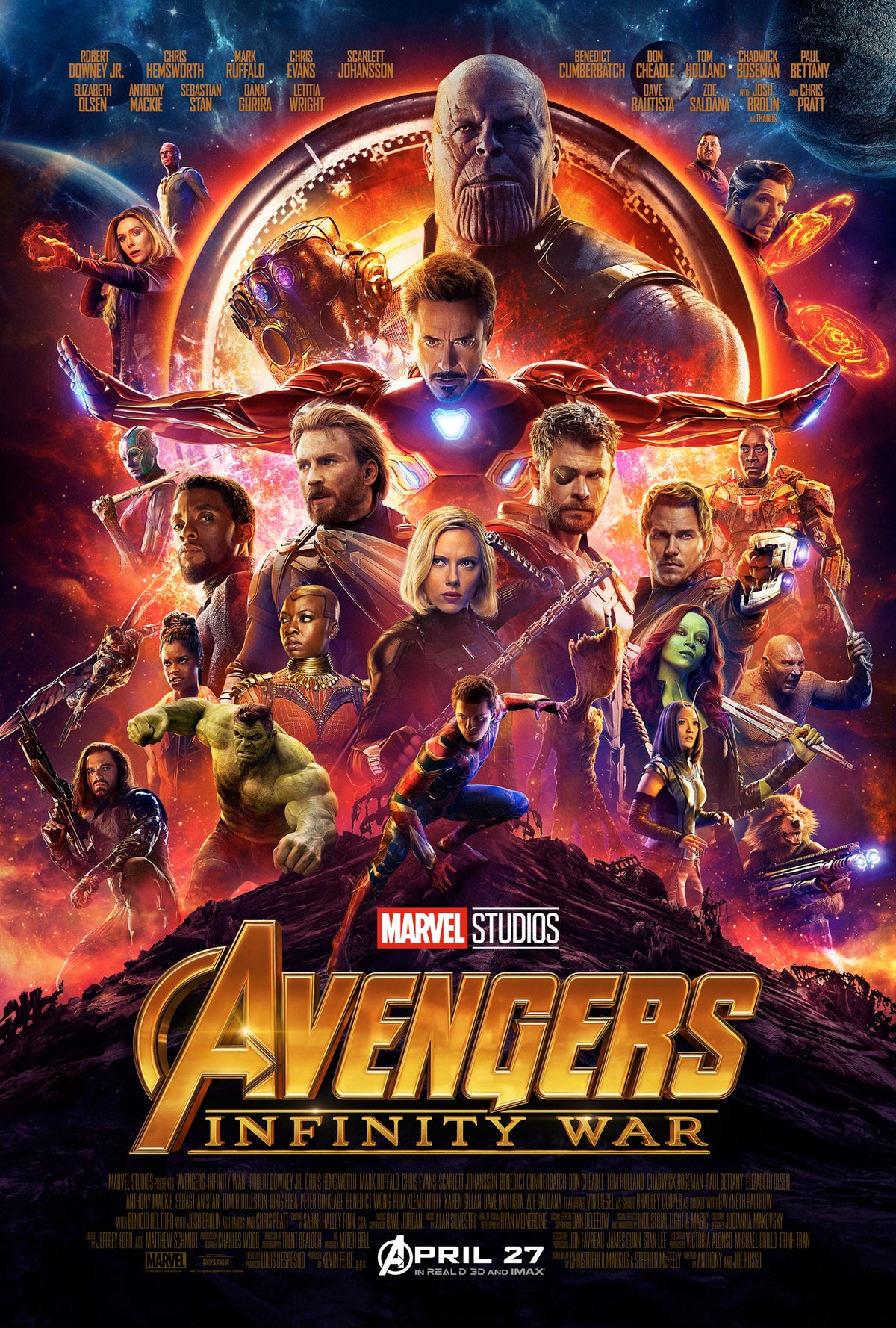Promotional poster for 'Avengers Infinity War' Spider-Man is positioned dead-center and takes up the largest amount of real estate. The other MCU heroes are in the background with serious expressions. 