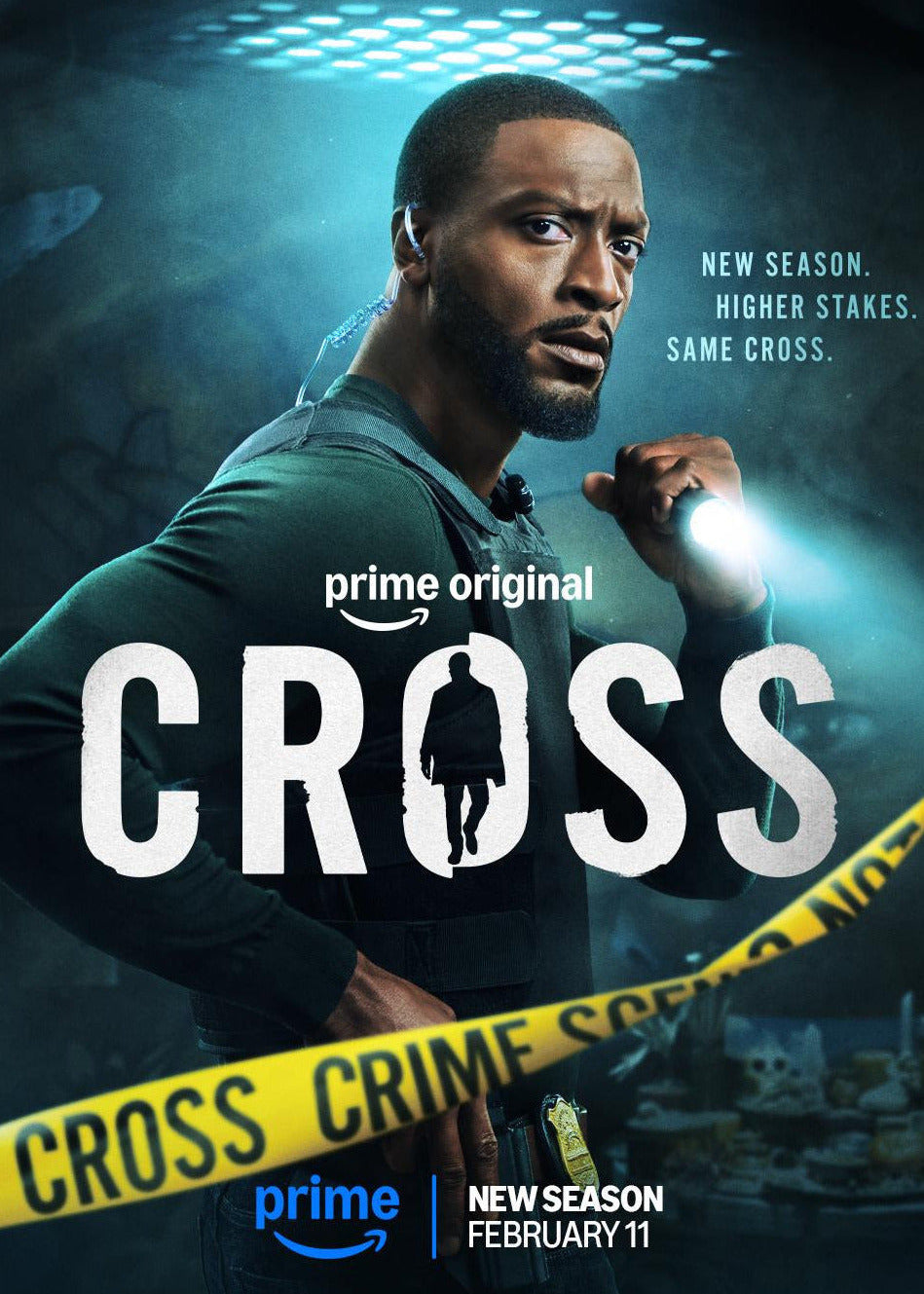 Promotional poster for the Prime Original series 'Cross' season 2, featuring actor Aldis Hodgen as Detective Cross in a dark tactical jacket holding a flashlight. 