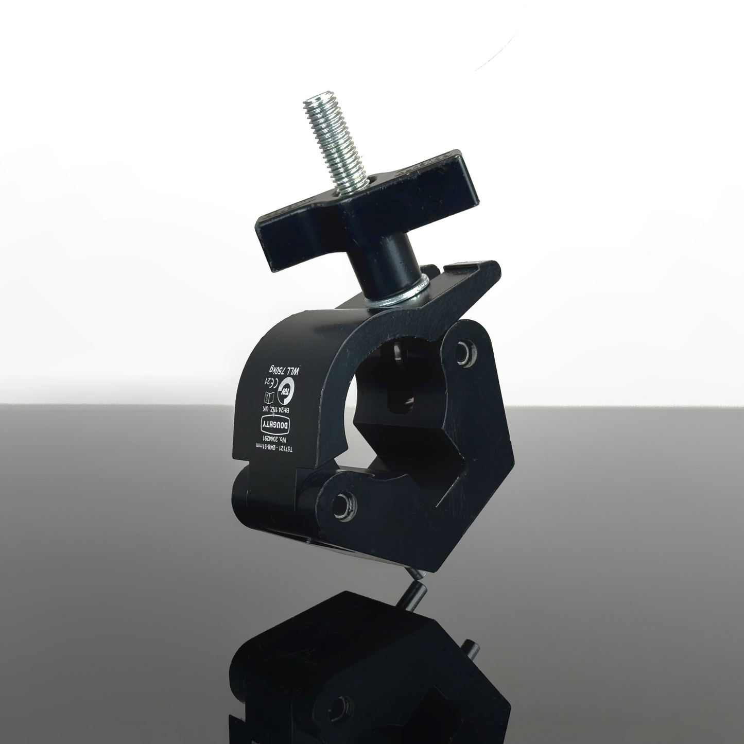 A doughty clamp, for mounting a hard mount/garfield mount, stood up on a table viewed from three-quarters angle