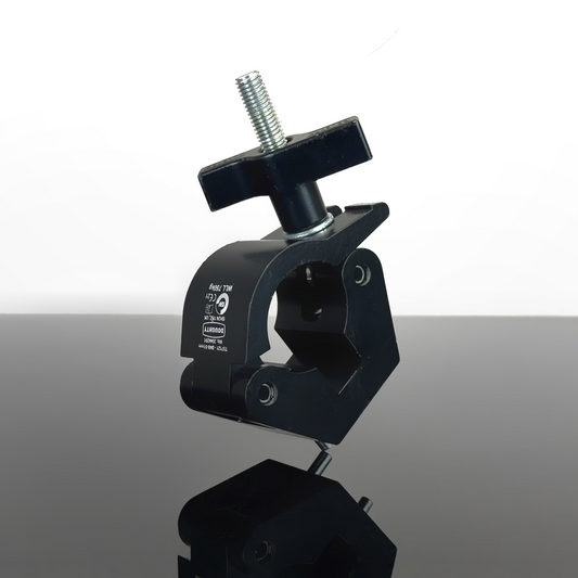 A doughty clamp, for mounting a hard mount/garfield mount, stood up on a table viewed from three-quarters angle