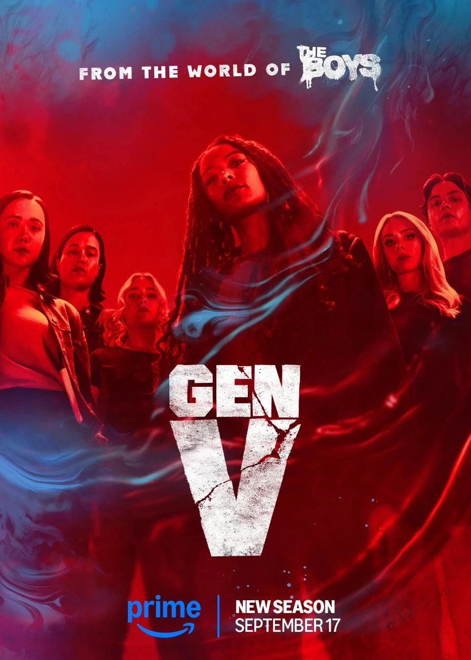 Promotional poster for the TV show Gen V, featuring cast members in a dramatic red and blue smoky setting with the title 'GEN V' in large white letters and 'FROM THE WORLD OF THE BOYS' at the top. 