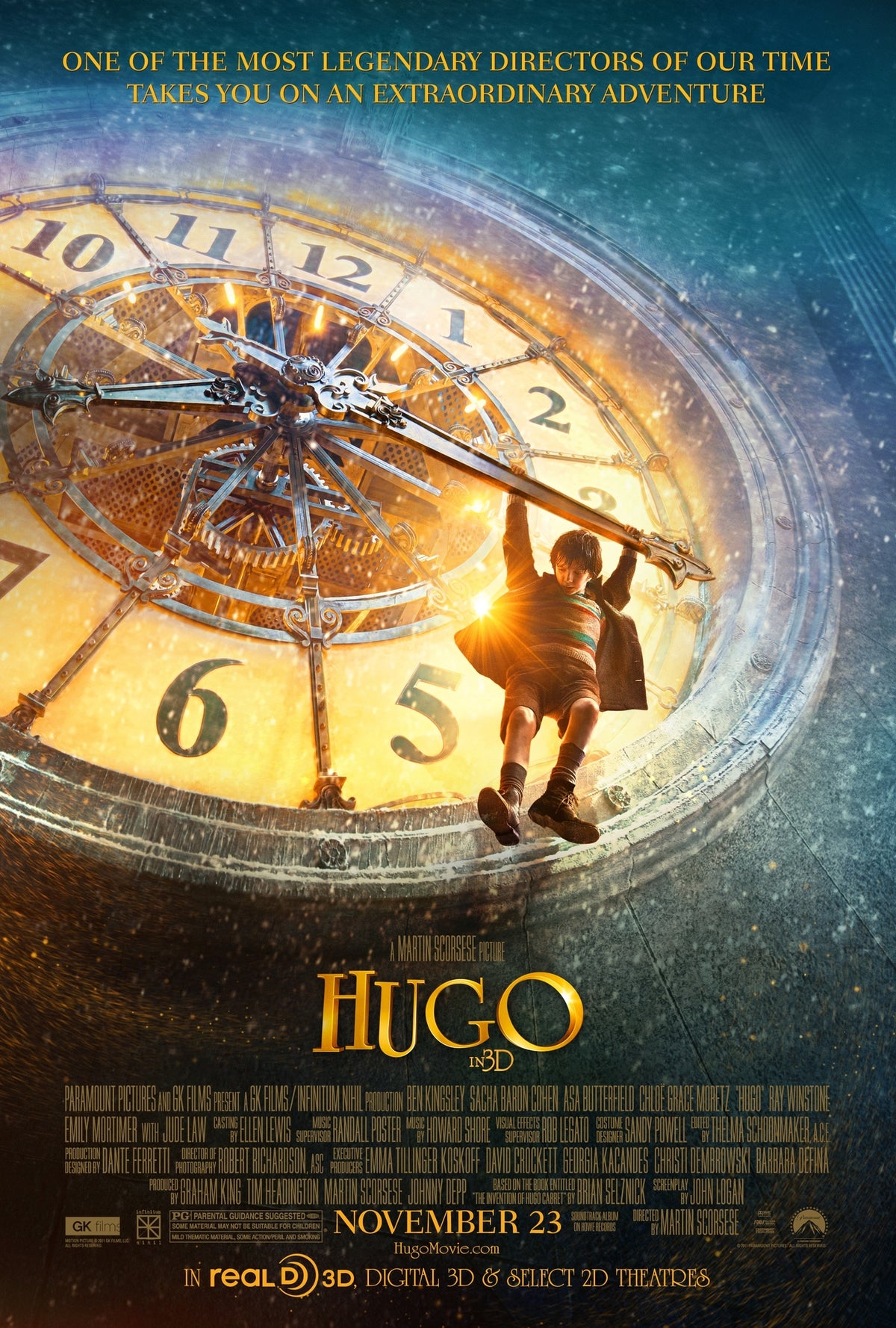 Promotional poster for the film Hugo. A young boy who hangs precariously from the giant, rusted minute hand of a colossal clock face.