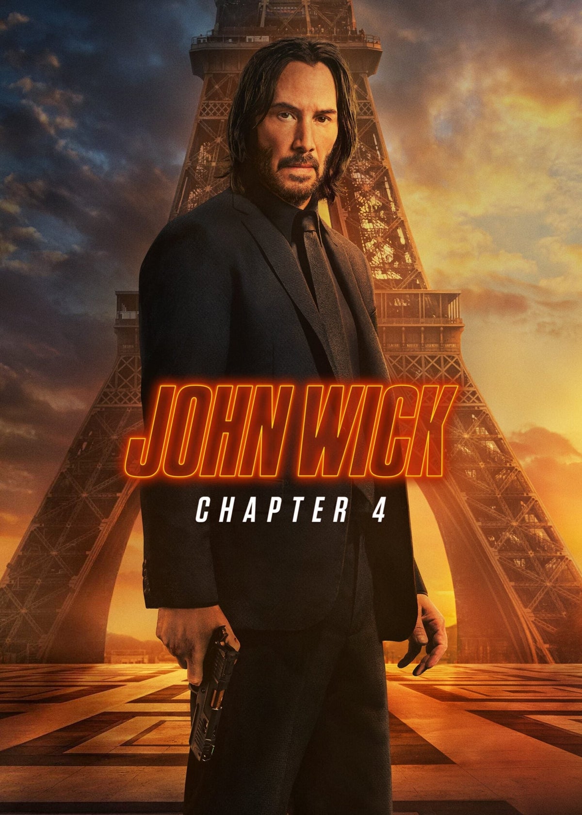 Movie poster for 'John Wick: Chapter 4' featuring Keanu Reeves holding a prop weapon in front of the Eiffel Tower.
(Camera Equipment)