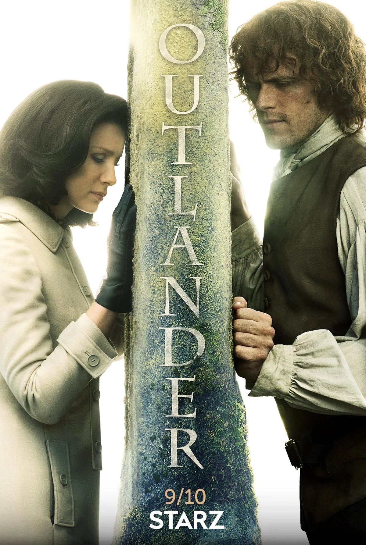 Promotional poster for Outlander Season 3. Featuring Claire Fraser and Jamie Fraser standing on opposite sides of a split, vertical stone structure representing Craigh na Dun. Claire is on the left in modern 1960s clothing, while Jamie is on the right in 18th-century Scottish attire. Both rest their hands against the stone, looking longingly in opposite directions.
(Camera Equipment)