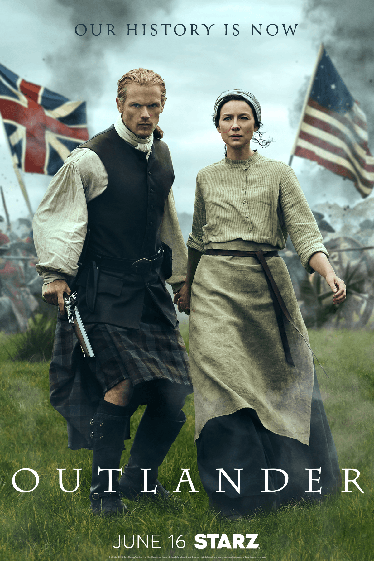 Outlander Season 7 promotional poster featuring Jamie and Claire on a battlefield where "Sam Heughan as Jamie Fraser and Caitríona Balfe as Claire Fraser stand together on a smoky, war-torn battlefield during the American Revolution
(Camera Equipment)