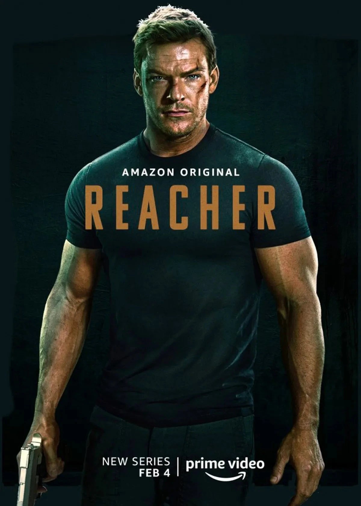 Promotional poster for the series 'Reacher' season 1. Actor Alan Ritchson stands facing forward, looking directly into the camera with a lethal, unwavering expression while holding a prop weapon.