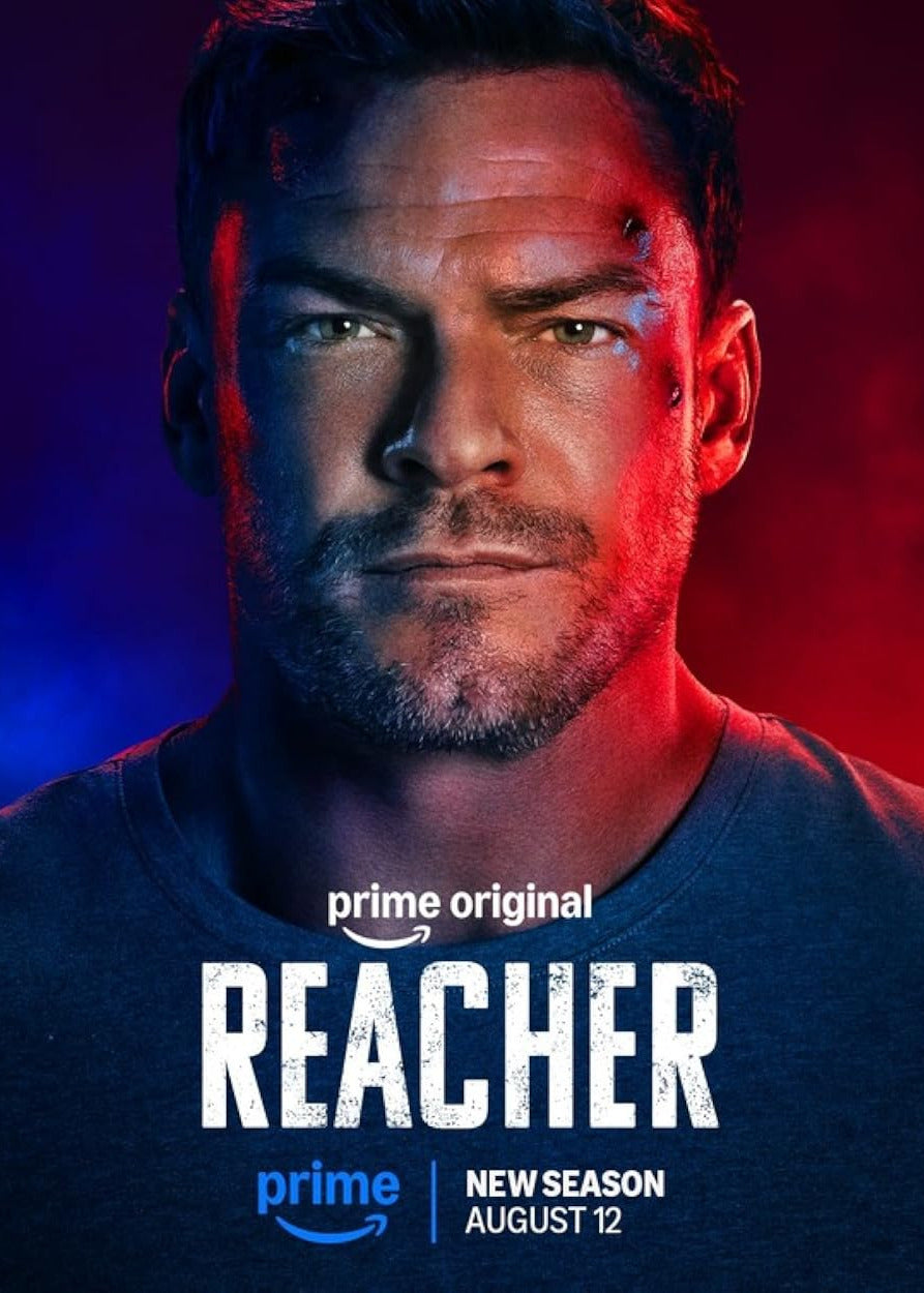 Promotional poster for Amazon Prime Originals' series 'Reacher' season 4, featuring a close-up portrait of the character with dramatic blue and red lighting on his face, wearing a dark shirt.