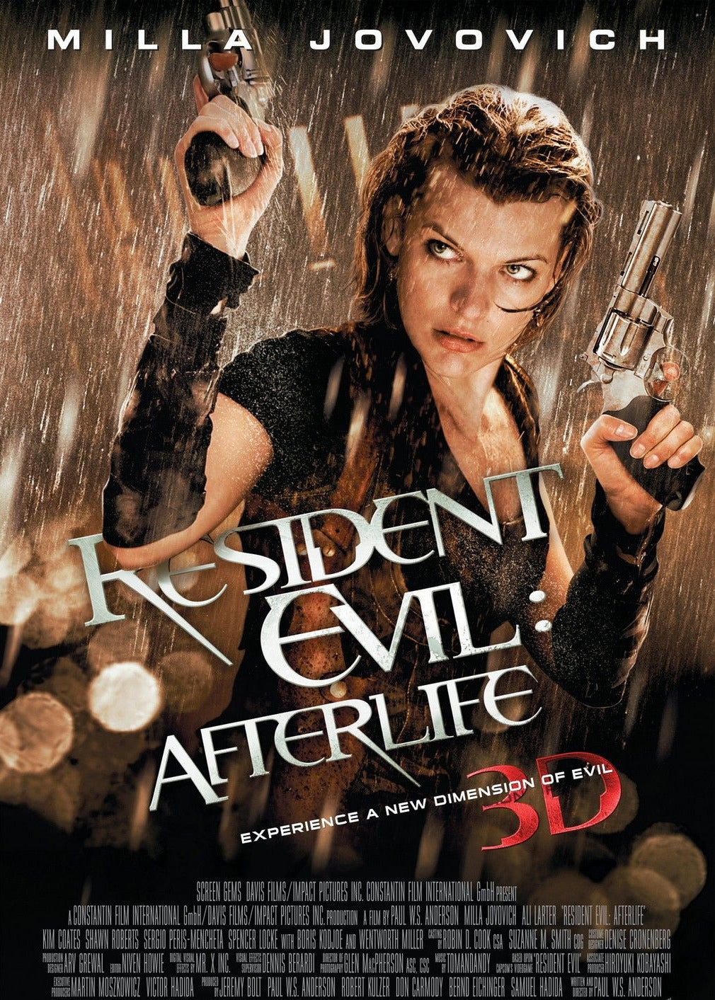 Movie poster for 'Resident Evil: Afterlife' featuring Milla Jovovich holding a gun prop.