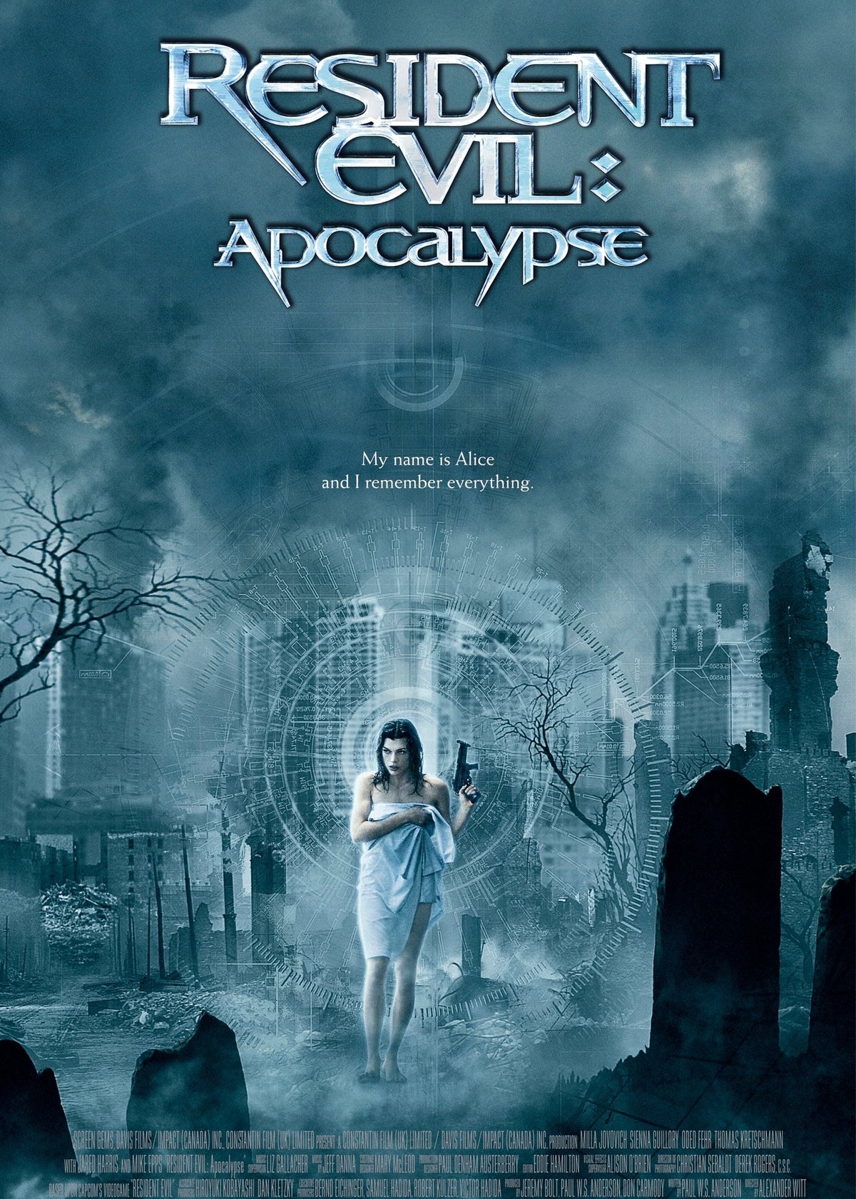 Movie poster for 'Resident Evil: Apocalypse' featuring Milla Jovovich with a dark blue and gray apocalyptic cityscape with a woman in a white dress standing in the center holding a prop weapon. 