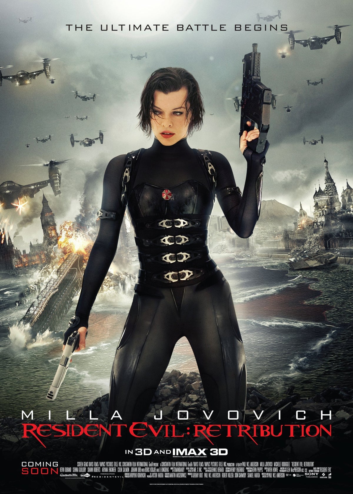 Movie poster for Resident Evil: Retribution featuring Milla Jovovich as Claire Redfield in a black bodysuit, holding a prop weapon, with helicopters, explosions, and a ruined coastal city in the background.