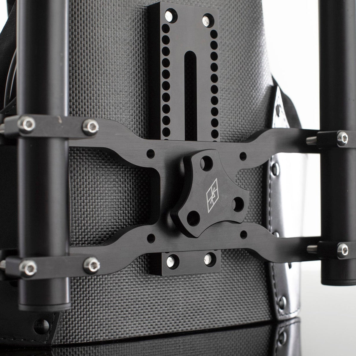 Back of a harness with a SlingShot Rig mounted on the harness' black back block