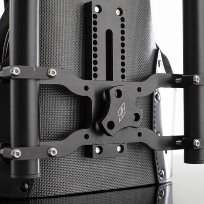 Back of a harness with a SlingShot Rig mounted on the harness' black back block