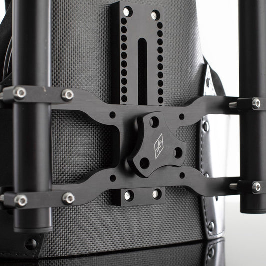 Back of a harness with a SlingShot Rig mounted on the harness' black back block