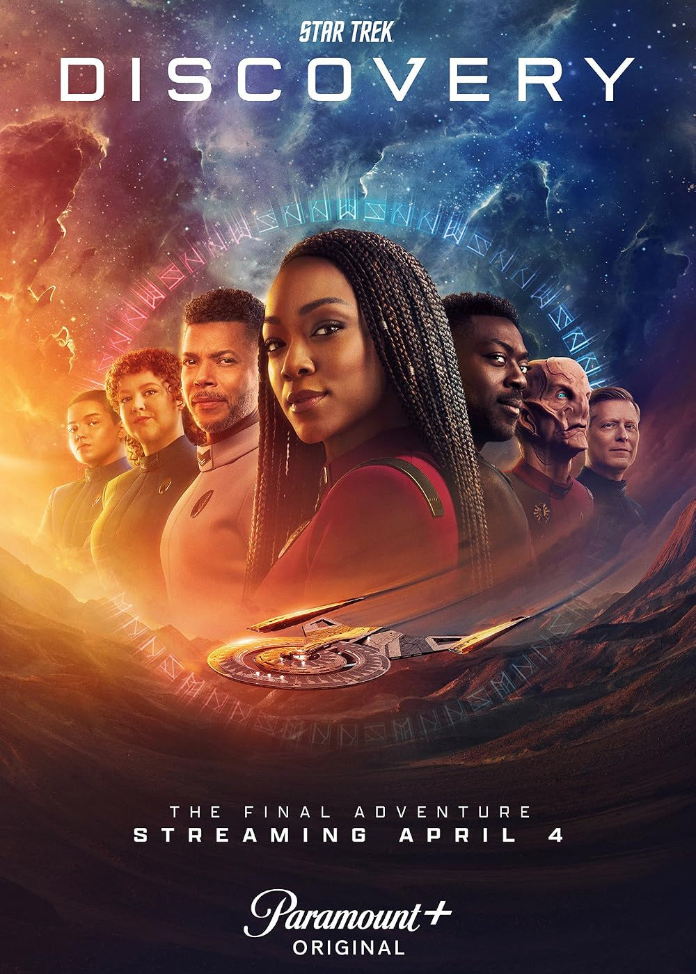 Promotional poster for 'Star Trek: Discovery' season 5 with the main characters and space-themed background.
