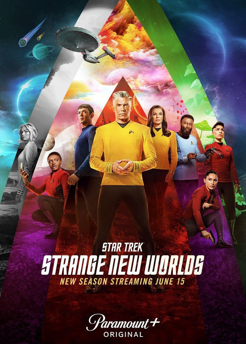 Promotional poster for 'Star Trek: Strange New Worlds' season 2, featuring multiple Star Trek crew members arranged within a large triangular frame filled with colorful space and nebula imagery. 