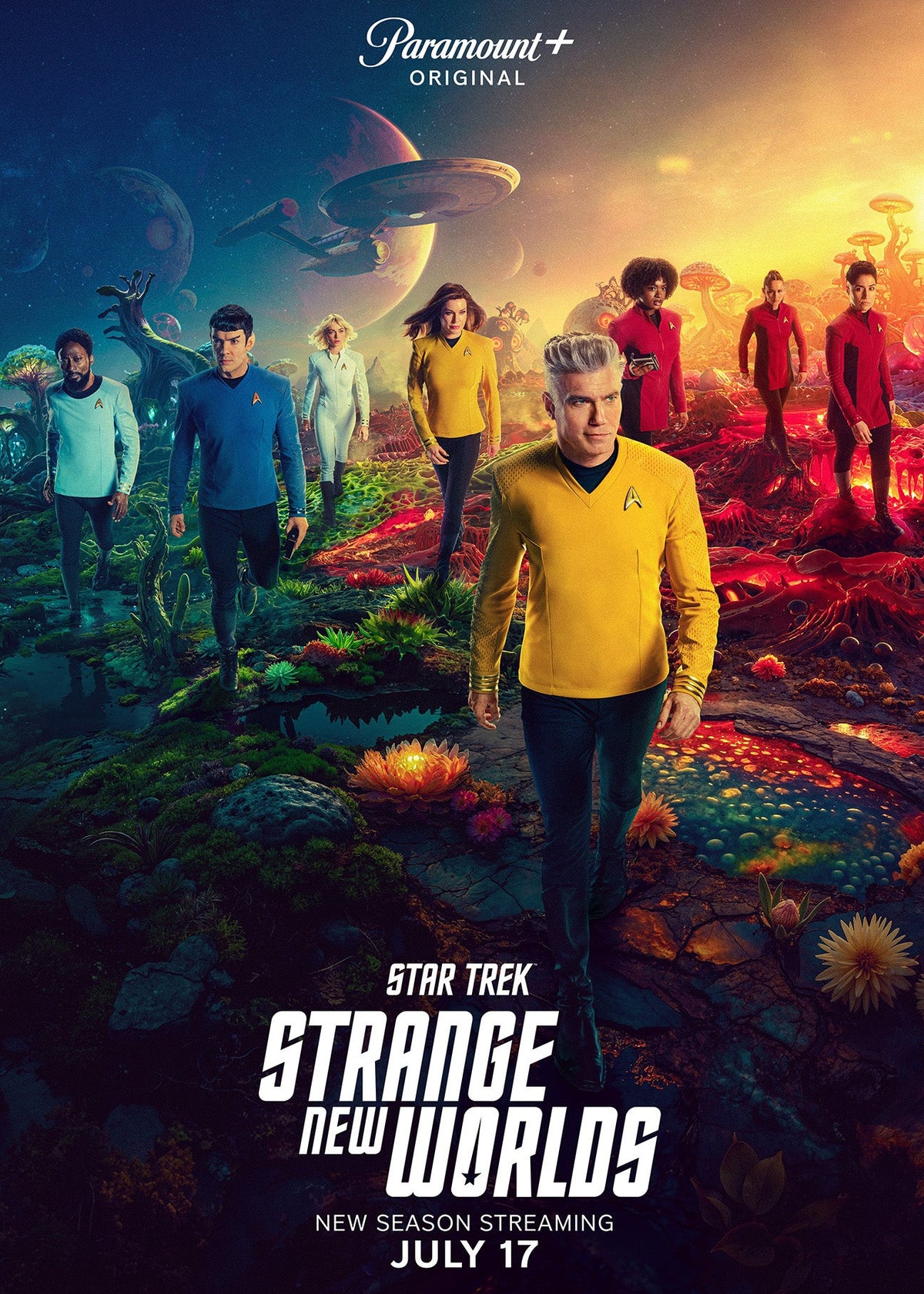 Promotional poster for 'Star Trek: Strange New Worlds' season 3 on Paramount+, showing multiple crew members in colorful uniforms walking across a vivid alien landscape with planets and spacecraft in the background.