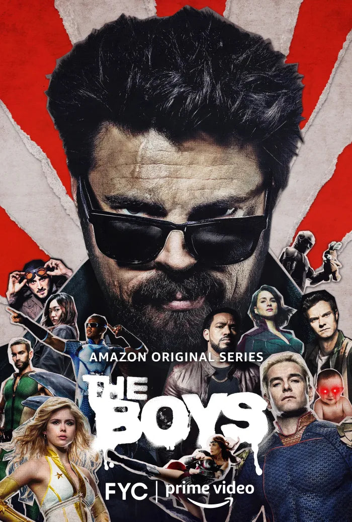 Official promotional poster for Season 2 of The Boys. Billy Butcher stands front and center, scaled much larger than the other characters. He is looking directly forward with a grim, intense glare. Clustered below and around him at a smaller scale are the other members of his vigilante team and the hero's.