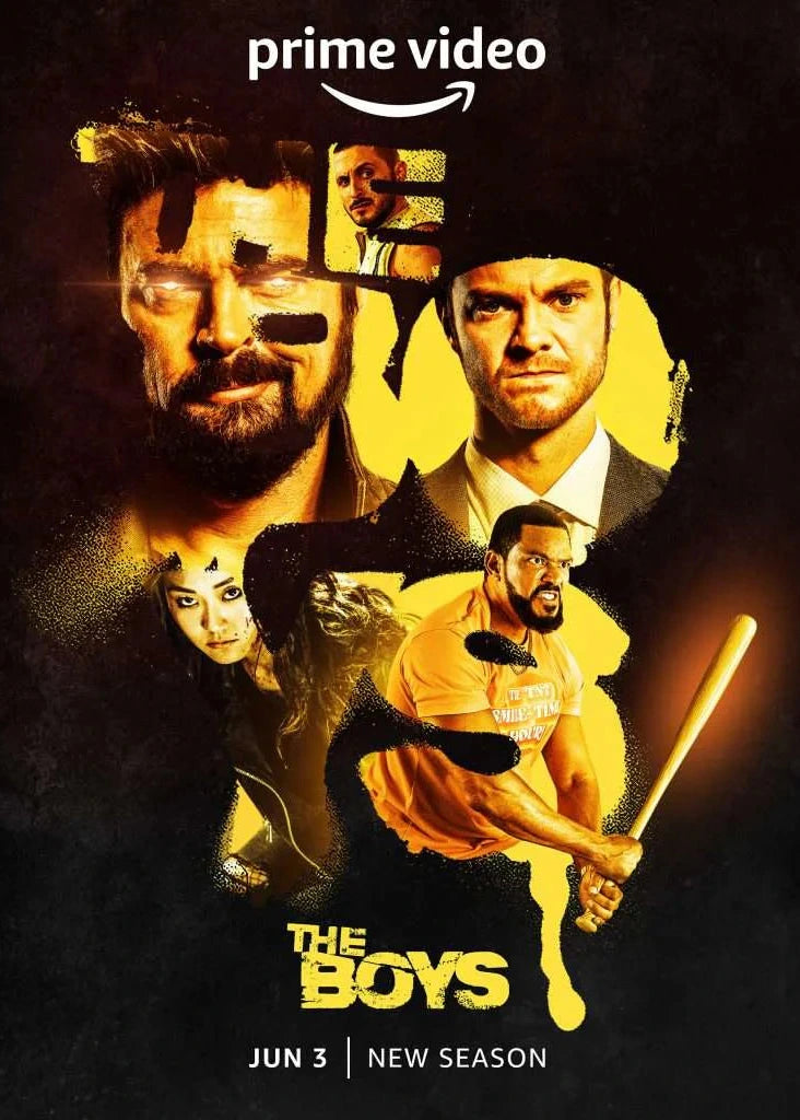 Promotional poster for The Boys Season 3 on Prime Video, featuring stylized portraits of the main characters in a dark yellow and black color scheme.