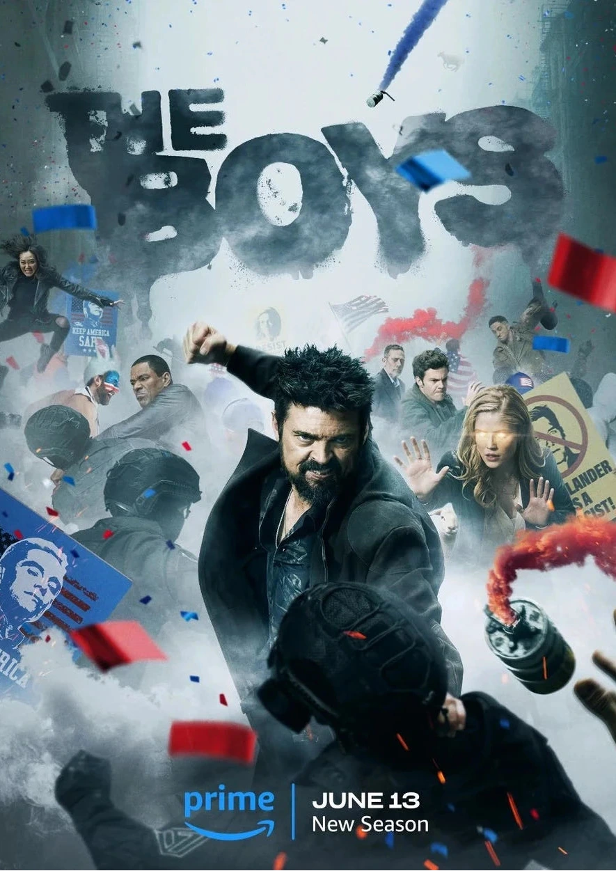 Promotional poster for The Boys Season 4 featuring a dramatic collage of characters, smoke, confetti, and red/blue accents.