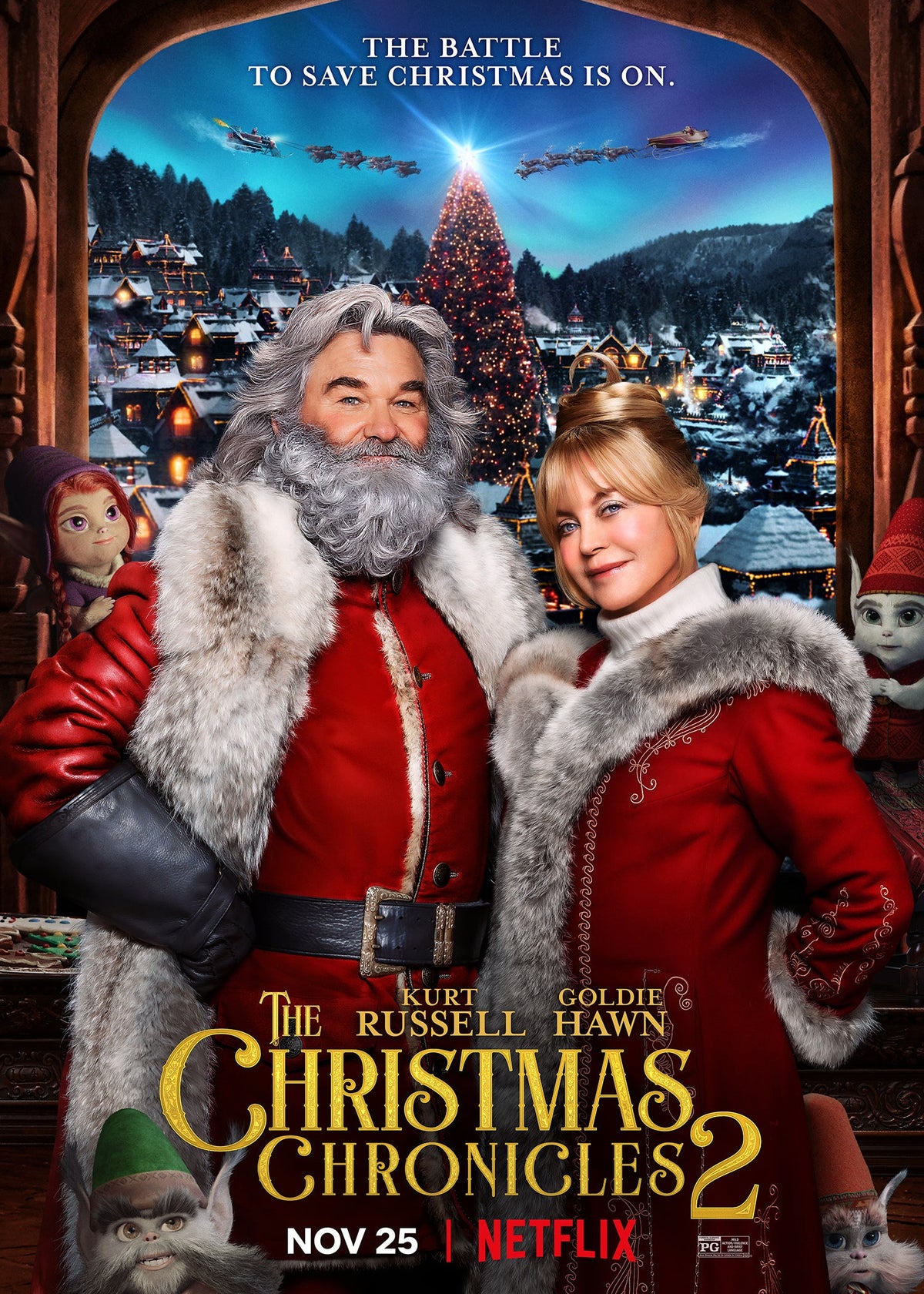 Movie poster for 'The Christmas Chronicles 2' showing Kurt Russell as Santa Claus with a full white beard and red velvet coat, smiling alongside Goldie Hawn as Mrs. Claus in a matching red winter outfit, set against a glowing, snowy North Pole background with twinkling holiday lights.