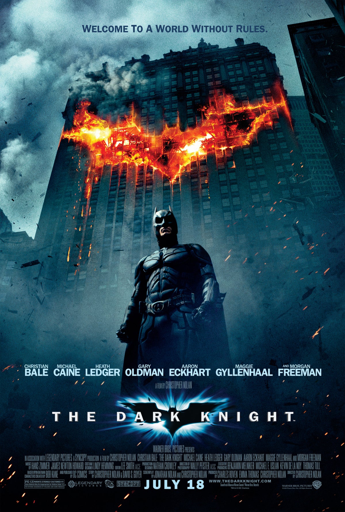 Movie poster for 'The Dark Knight' featuring Christian Bale. An enormous, blazing fire takes the exact shape of a giant bat symbol, casting an intense, fiery orange glow across the cityscape.
(Camera Equipment)