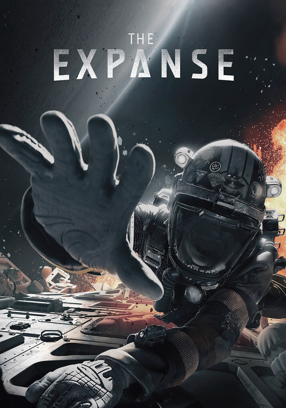 Promotional poster for 'The Expanse' Season 2, featuring a dramatic close-up of an astronaut reaching their hand toward the camera. The helmet visor reflects a vibrant, electric blue cosmic energy against a dark, swirling space background.