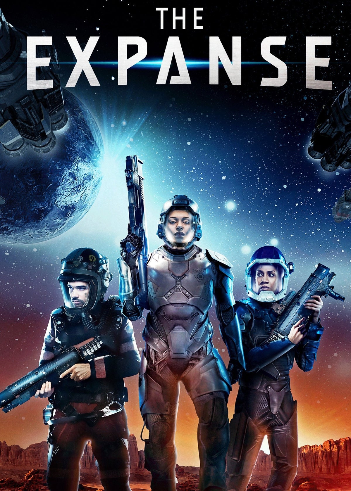 Promotional poster for 'The Expanse' season 3 featuring three astronauts in futuristic armor standing on a desert planet with a large planet in space behind them.