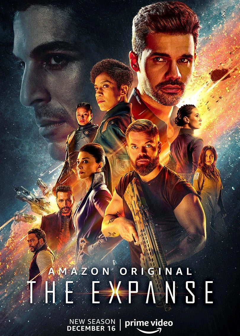 Promotional poster for Season 5 of 'The Expanse' features an ensemble of the main characters, highlighting the separation and personal journeys of the characters against a cosmic backdrop