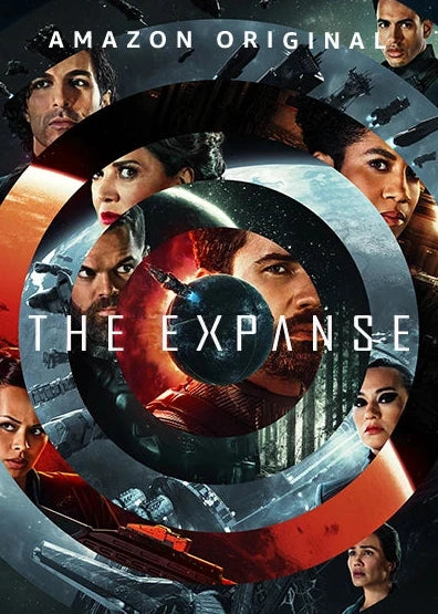 Promotional poster for Season 6 of The Expanse. A split-collage design displays the faces of key characters separated. In the background, the spaceship flies through deep space against a backdrop of glowing stars, nebula clouds, and a distant planet.
