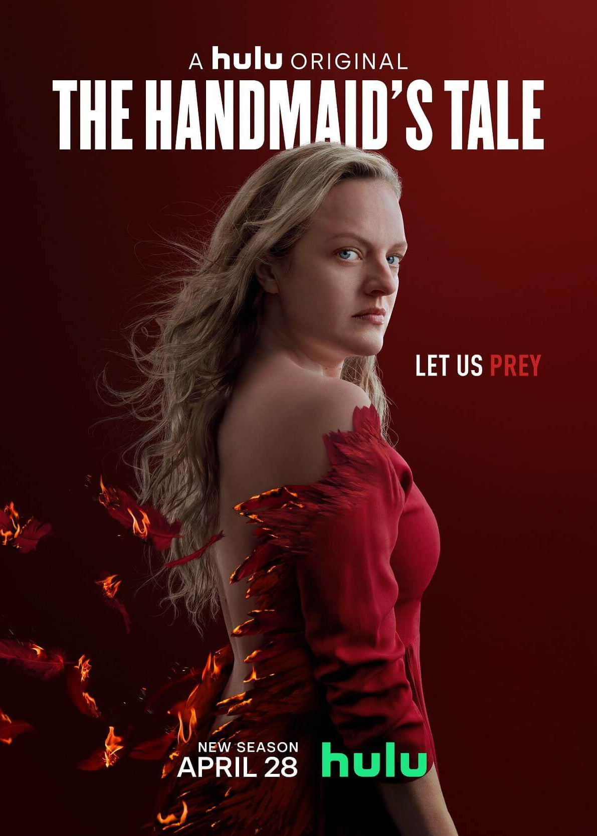 Promotional poster for Hulu Original 'The Handmaid's Tale' season 4 featuring a woman in a red dress against a dark red background with floating red petals coming from the dress.