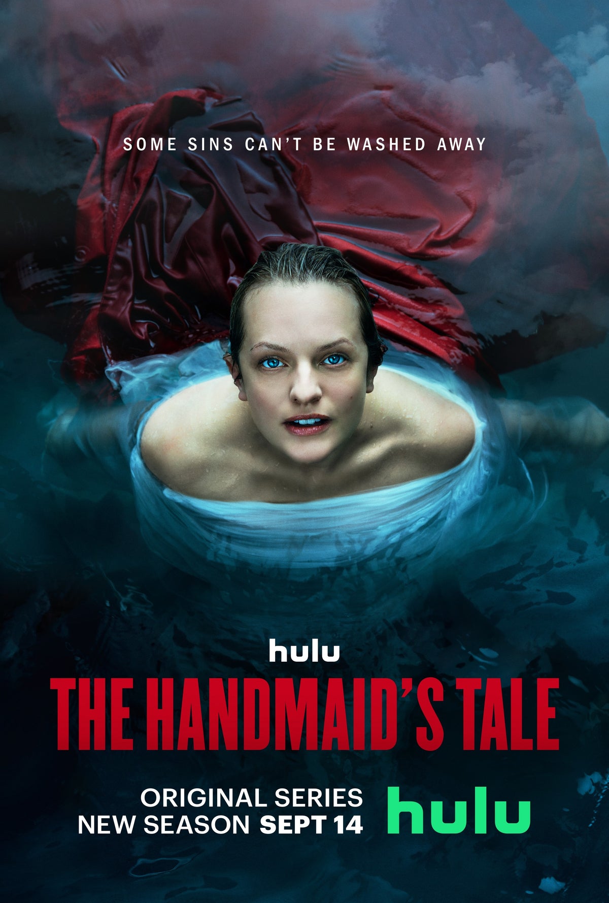 Promotional poster for the Handmaid's Tale season 5. It features a close-up, top-down view of a woman with striking blue eyes floating on her back. Her head is tilted backward, looking directly up toward the surface or the sky.