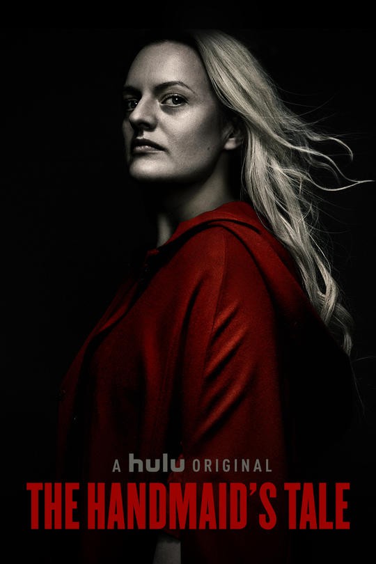 Promotional poster for Season 3 of 'The Handmaid's' Tale featuring a dramatic, high contrast close up profile of June Osborne. Set against a pitch-black background, June stands facing the right side of the frame, looking off camera with a fierce, defiant, and tearful expression. 