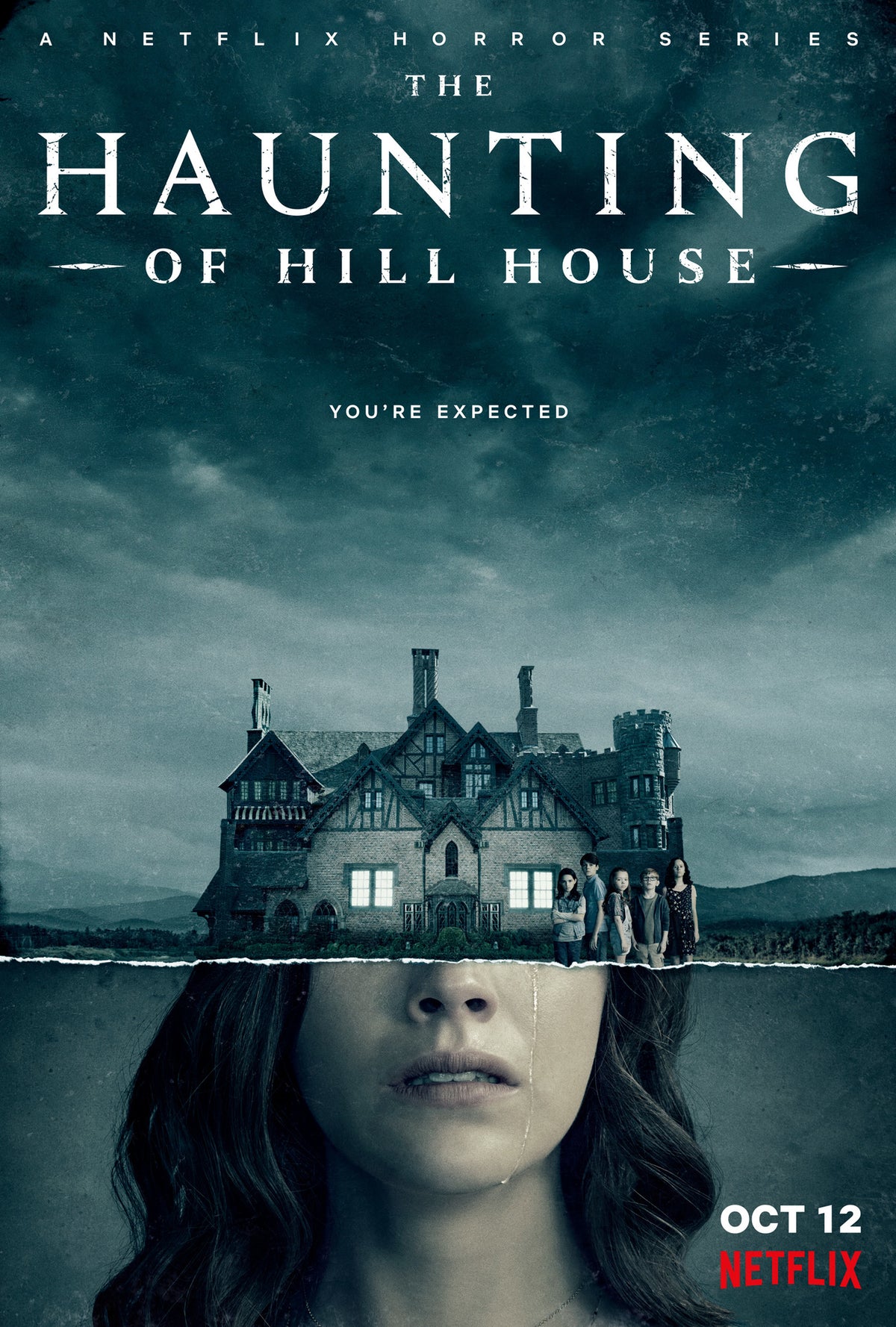 Promotional poster for 'The haunting Of Hill House' features a striking, surreal visual split by a torn horizontal line running directly across the center. It contrasts a dark, physical haunting with a deeply emotional, internal torment.