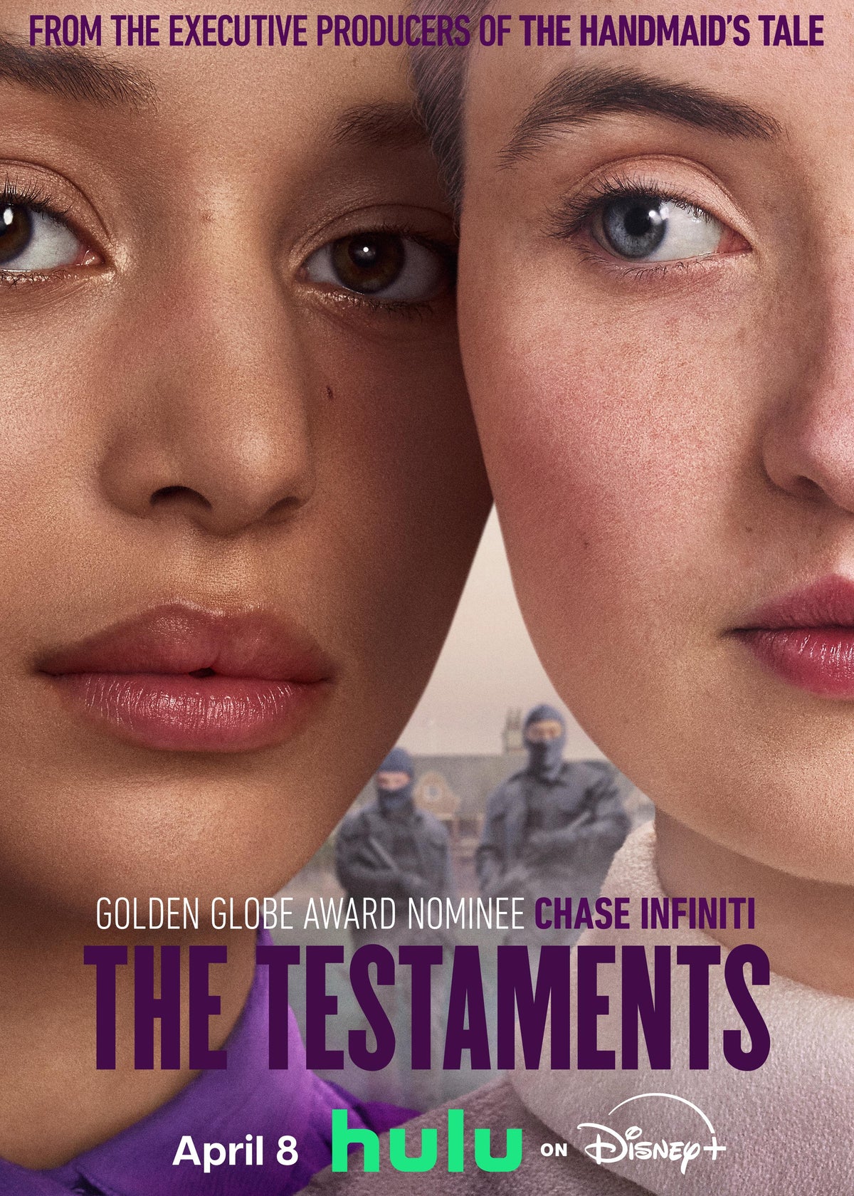 Promotional poster for 'The Testaments' season 1 with two women's faces close to each other.