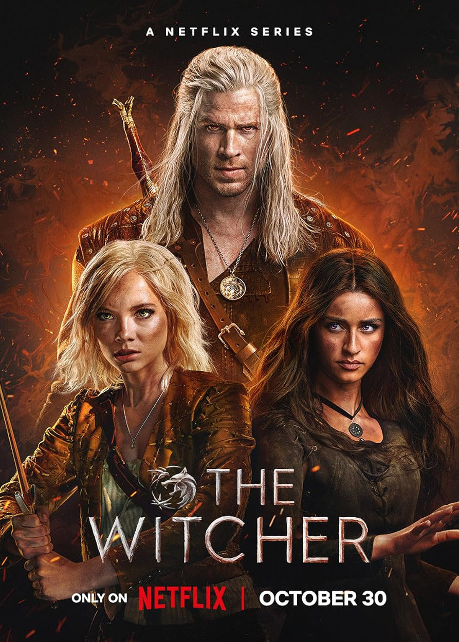 Promotional poster for The Witcher Netflix series season 1 featuring Geralt of Rivia, Ciri, and Yennefer in a dark fiery scene.