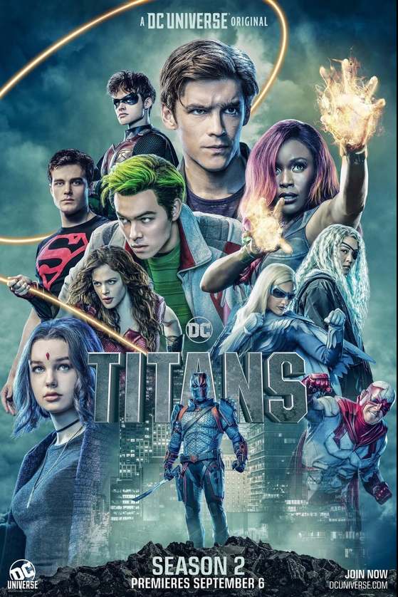 Promotional poster for DC Universe's 'Titans' Season 2 features an ensemble character portrait with Deathstroke positioned prominently at the center, surrounded by the core and expanding team of heroes.