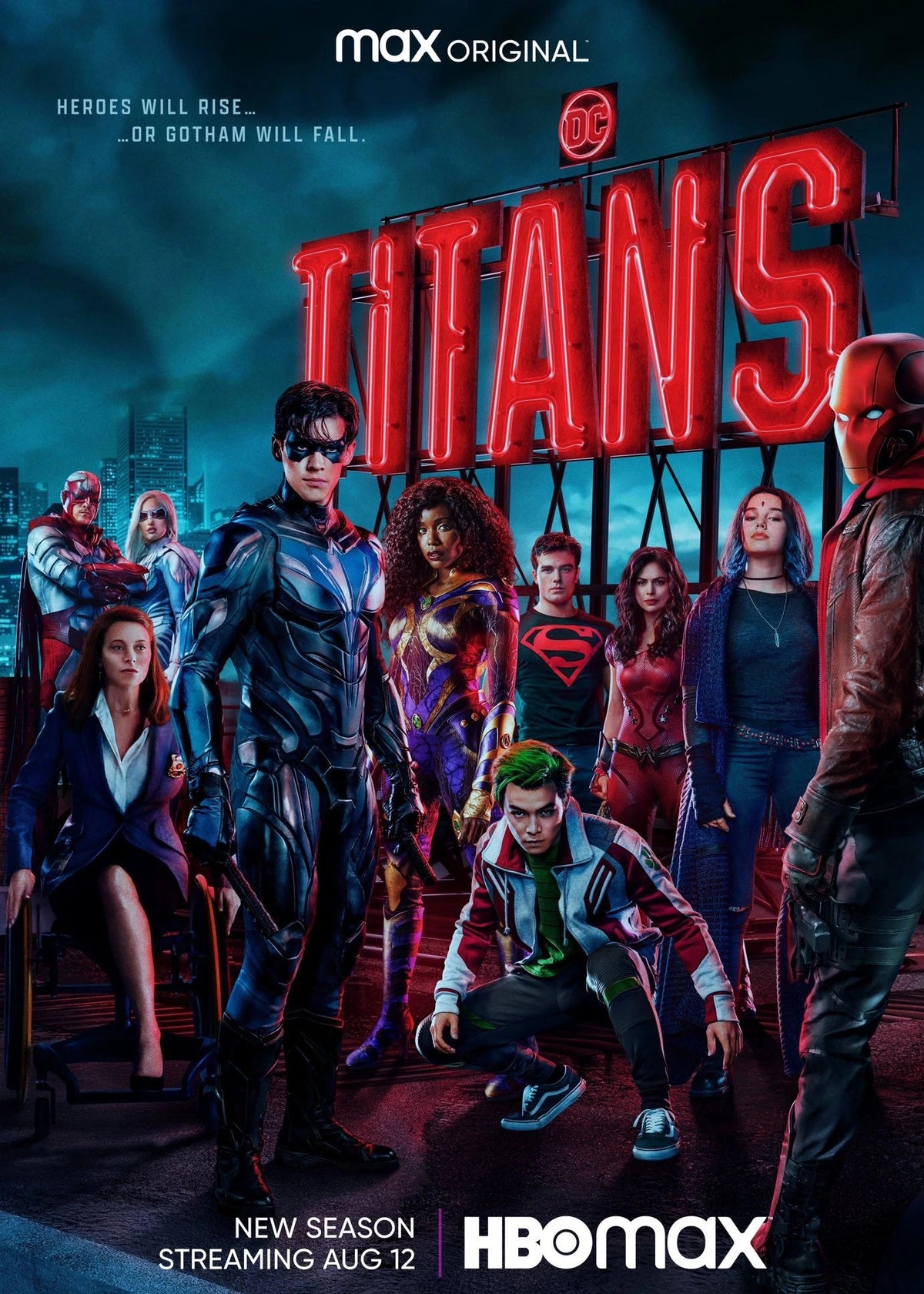 Promotional poster for Titans season 3  featuring a dark, moody collage of the main superhero cast layered densely across the frame in dynamic poses, with gritty lighting and a dominant red and black color scheme