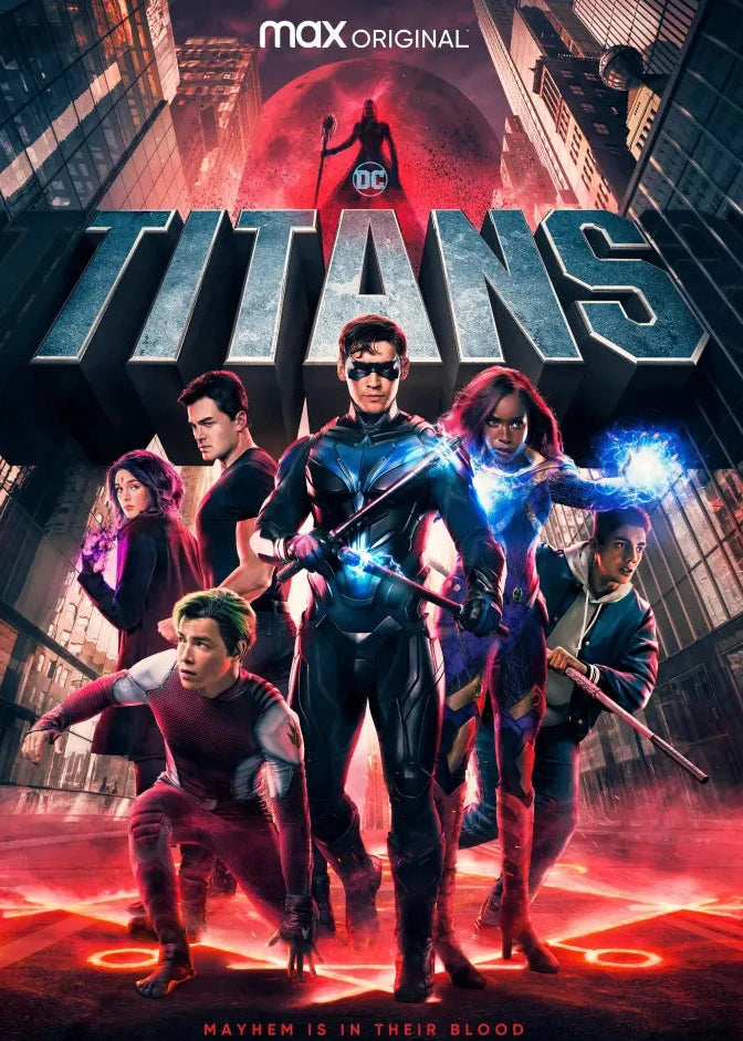 Promotional poster art for the DC Max Original series Titans season 4, featuring the main superhero team in action poses against a dark city backdrop with a large red moon and the title 'TITANS' in bold metallic letters.