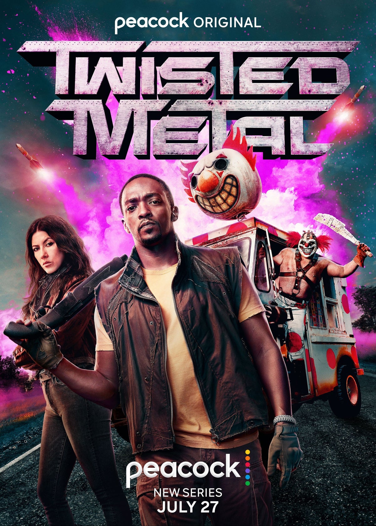 Promotional poster for the Peacock Original series Twisted Metal season 1, featuring three characters in a stylized road-scene setting with a vehicle and dramatic pink-purple fireworks. 