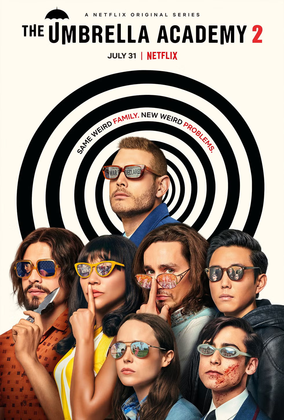 Promotional poster for Netflix's The Umbrella Academy season 2, featuring the cast in sunglasses arranged in front of a black spiral graphic on a cream background.