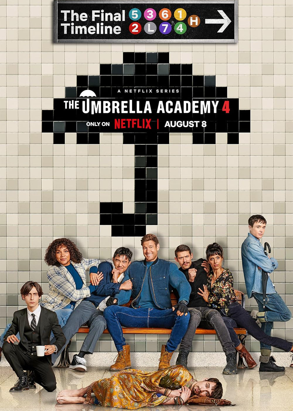 Promotional poster for 'The Umbrella Academy' season 4 with characters sitting on a bench.