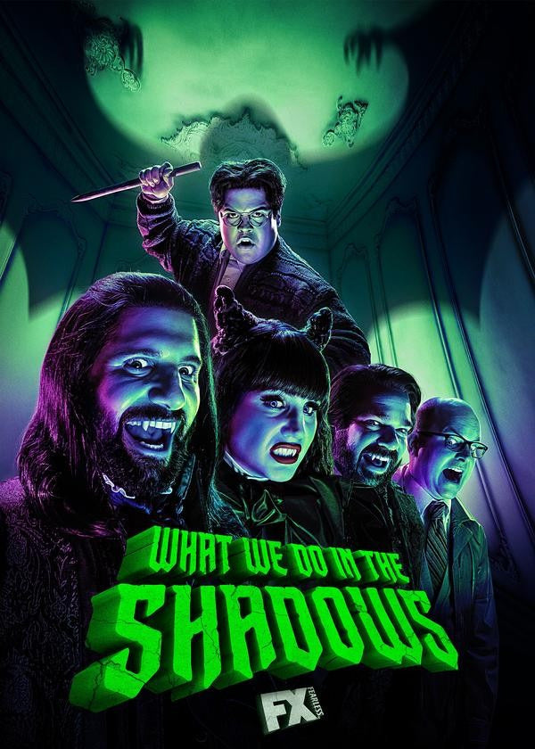 Promotional poster for 'What We Do in the Shadows' Season 2, showing the main cast standing in a row against a textured dark background, cast in a dim light with exaggerated, spooky vampire shadows stretching out behind them that reveal their true monstrous or flying forms.