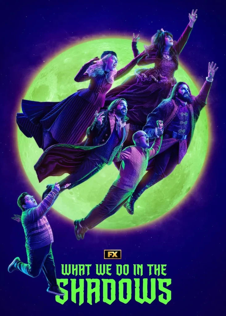 Promotional poster for FX's 'What We Do in the Shadows' season 5 featuring the main cast floating in front of a giant glowing green moon against a dark purple sky.