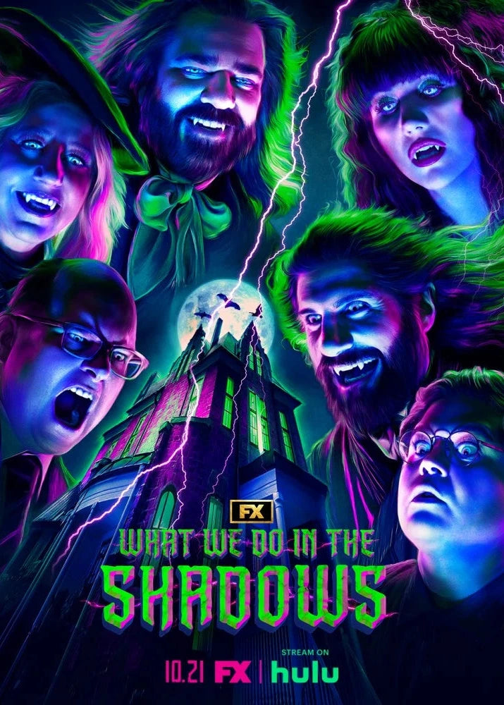 Promotional poster for FX's 'What We Do in the Shadows' featuring the main cast members in a neon, high-contrast style with a haunted house.