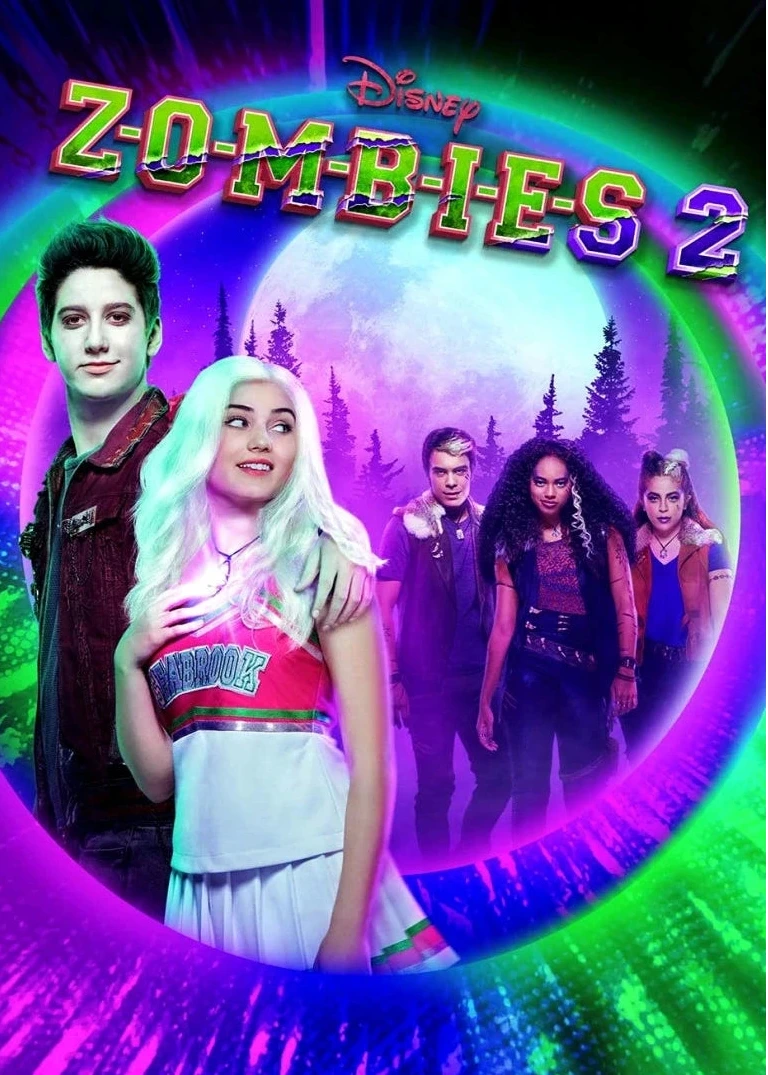 Movie poster for Disney Zombies 2  featuring five young characters in a neon purple and green circular frame, with the title 'ZOMBIES 2' in large colorful letters at the top.