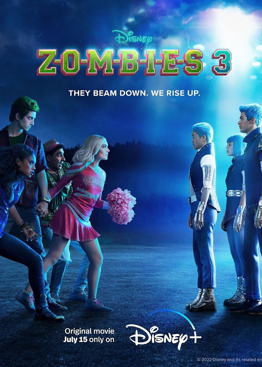 Disney Zombies 3 movie poster featuring the main characters standing on a dark road under a glowing blue sky. 